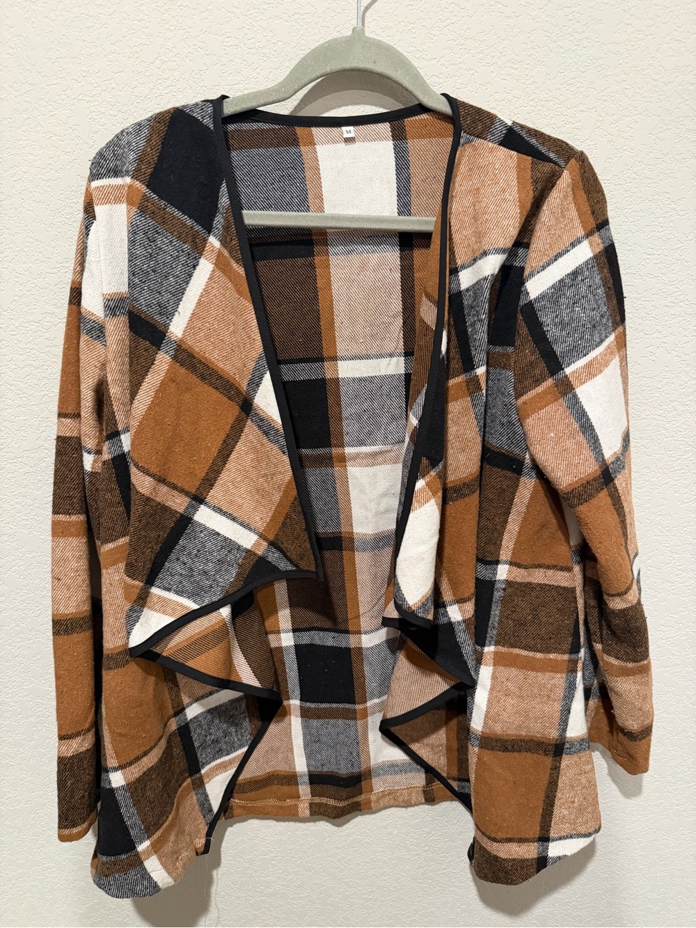 Women’s Plaid Open Front Cardigan Sweater - Brown/Black/Cream